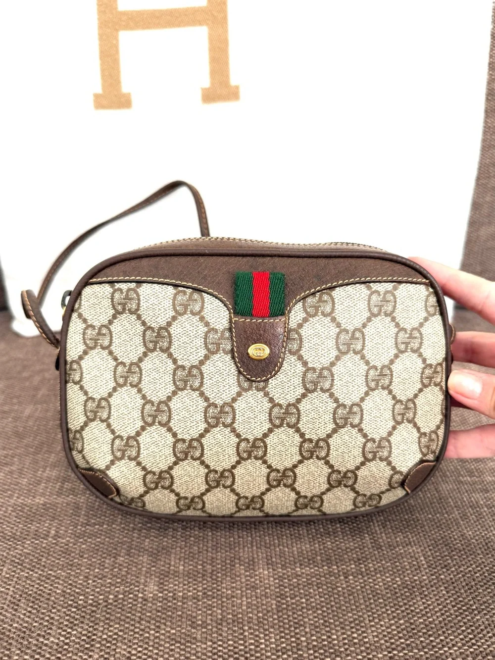 Authentic Gucci brown monogram coated canvas crossbody bag gold hardware